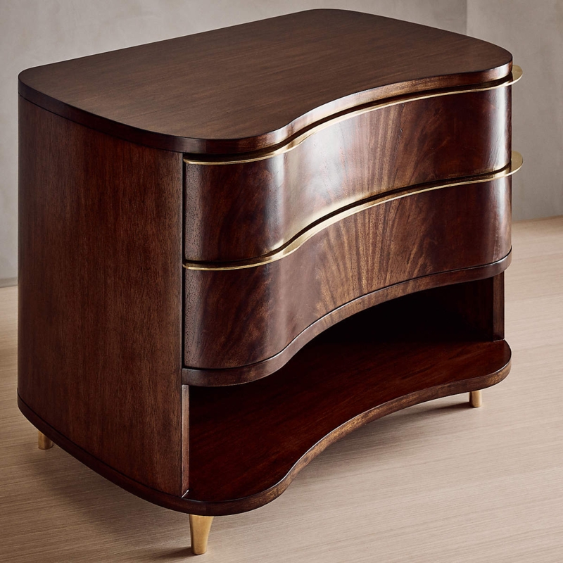 Kidney Shaped Nightstand in Flamed Mahogany with Brass Metal Trim