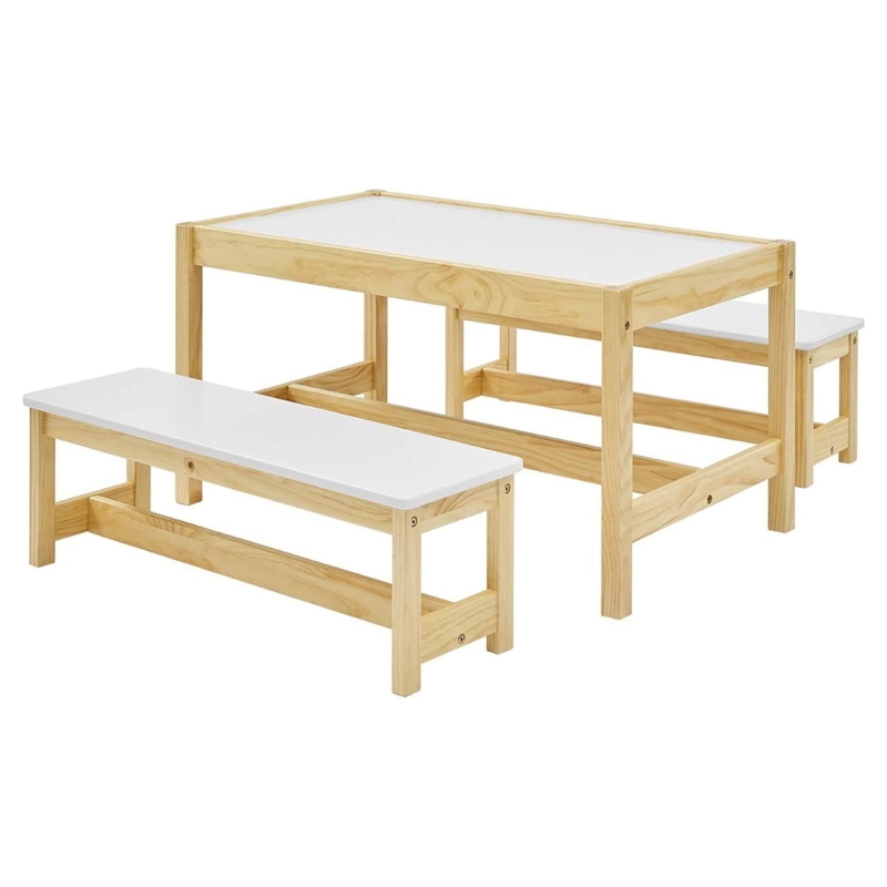 Kids Activity Table Set, Erasable White Top, Natural Wood Frame, 3-Piece