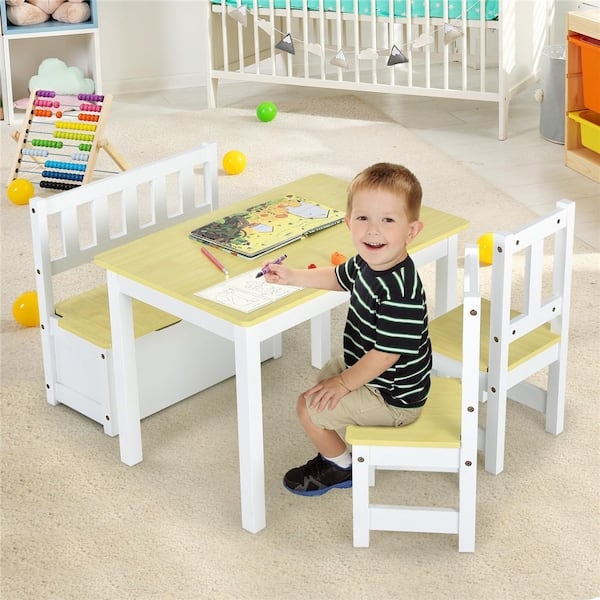 Kids Activity Table Set White And Yellow With Storage Bench