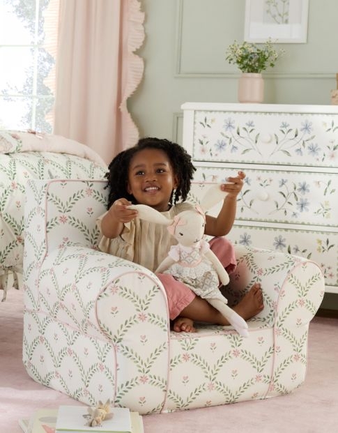 Kids Armchair Botanical Print Off-White with Pink Piping