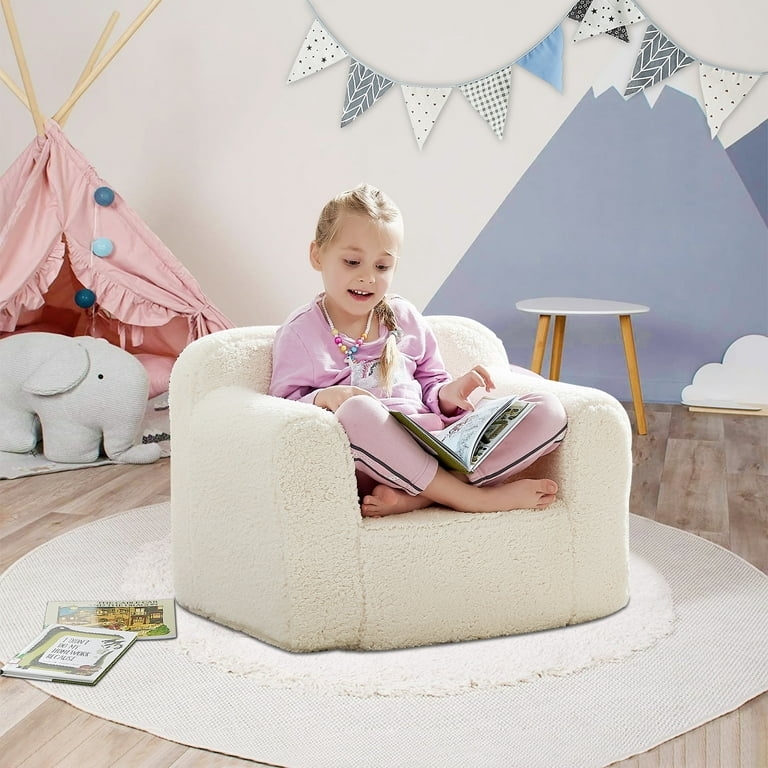 Kids Armchair Warm Beige Sherpa Fabric with Rounded Barrel Back