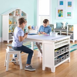 Kids Art Table Linen White With Side Storage Shelves