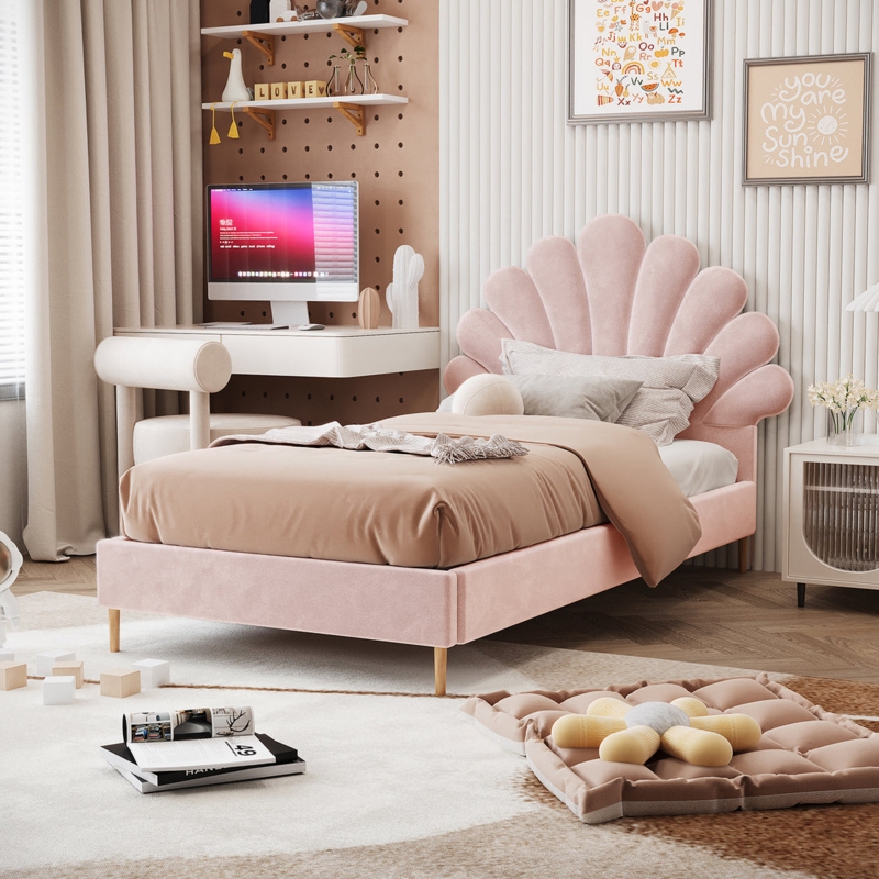 Kids Bed: Soft Pink Velvet Scalloped Shell Design Headboard