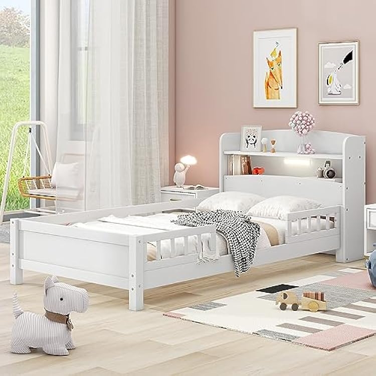 Kids Bed: Wood Frame with Bookcase Headboard & Safety Rails