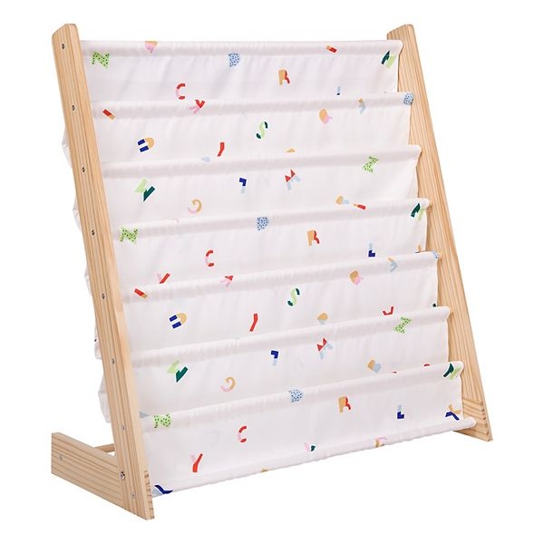 Kids Book Rack, Alphabet Print Sling Pockets, Light Wood Frame