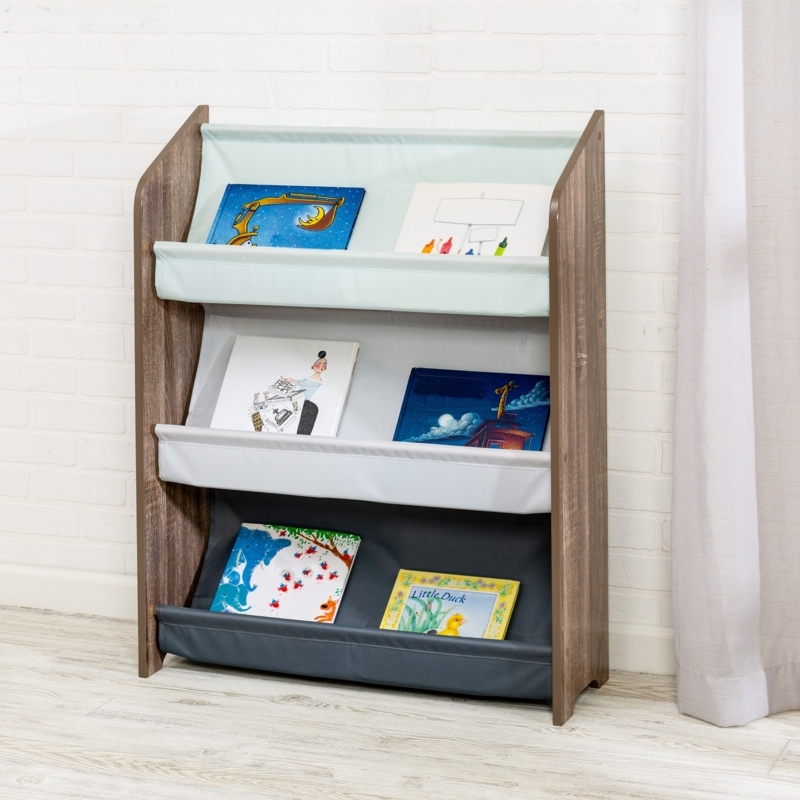 Kids Book Rack Ombre Fabric Pockets, Walnut Brown Wood Grain Sides