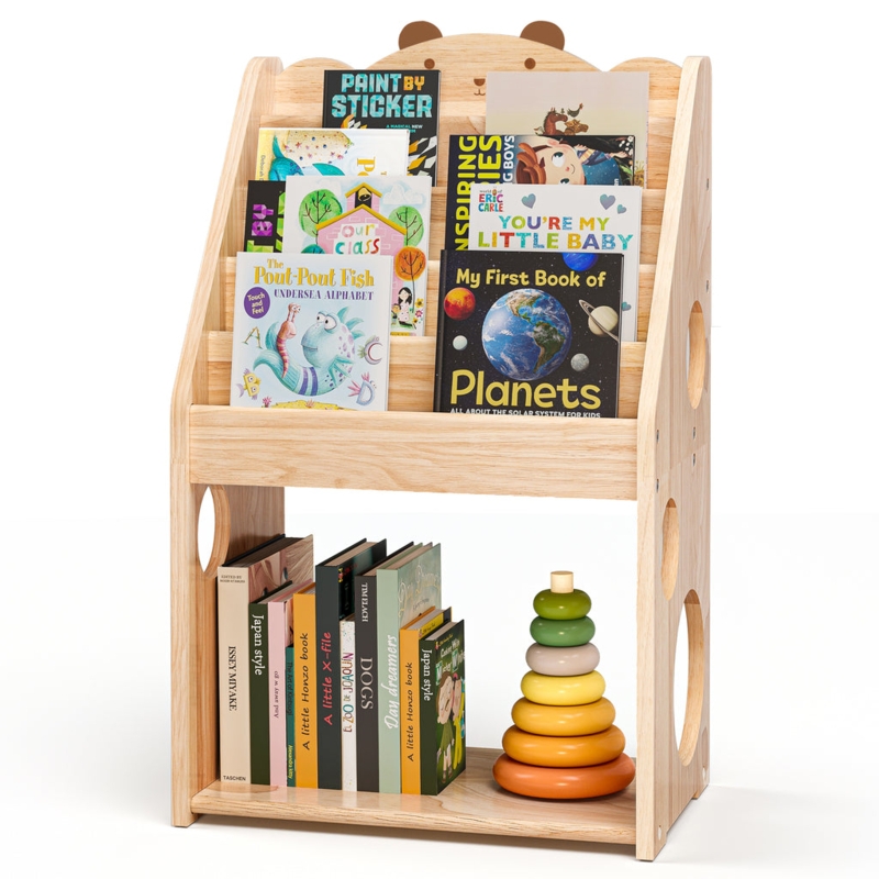 Kids Bookshelf Bear Ear Silhouette, Natural Wood, Face Forward Racks
