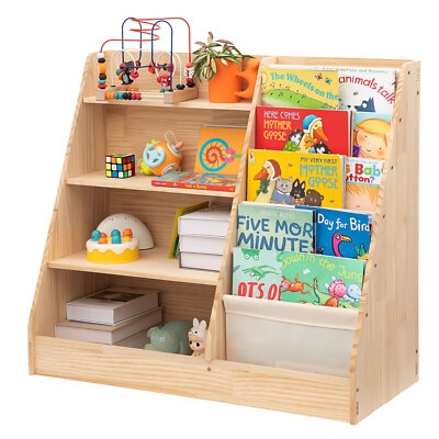 Kids Bookshelf Dual Storage Layout, Natural Wood Grain, Slanted Profile