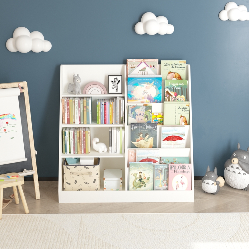 Kids Bookshelf Integrated Toy Storage, Matte White Tiered Book Display