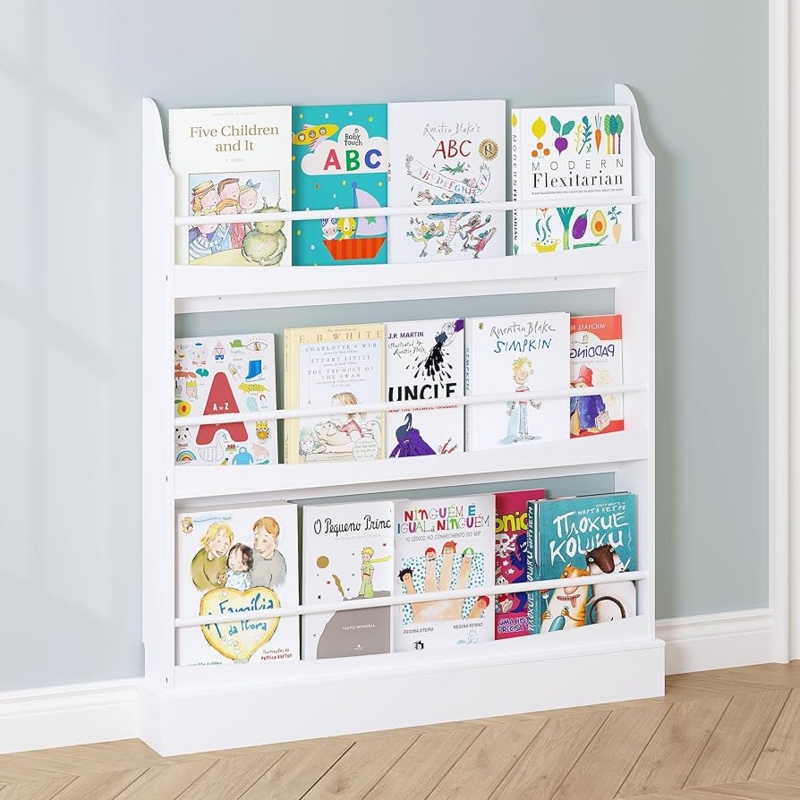 Kids Bookshelf Matte White Front Facing Display, Safety Rails, Three Tier