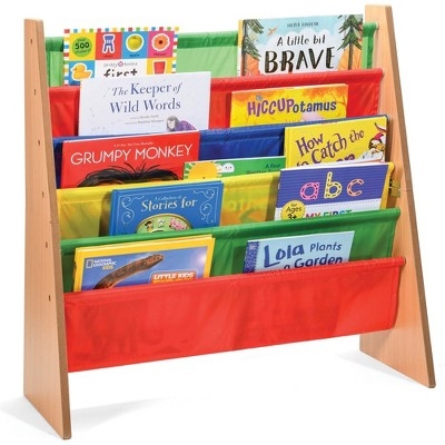 Kids Bookshelf Multicolored Slings, Natural Wood A-Frame Tiered Rack