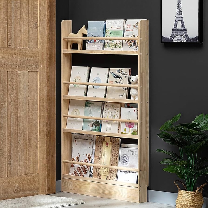 Kids Bookshelf Natural Wood Front Guard Rails, Slim Profile, Face Forward