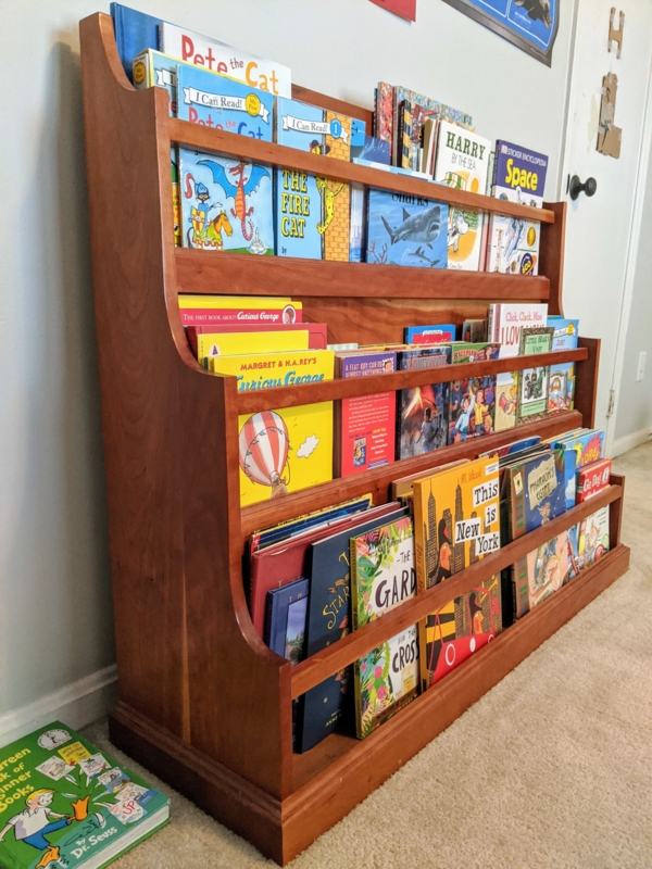 Kids Bookshelf Warm Reddish-Brown, Curved Side Profiles, Safety Rails
