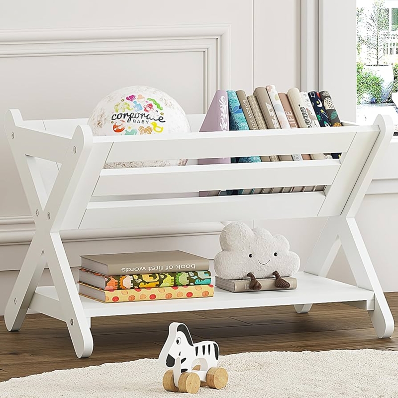 Kids Bookshelf X-Frame Sides, White, Slatted Bin, Lower Storage Shelf
