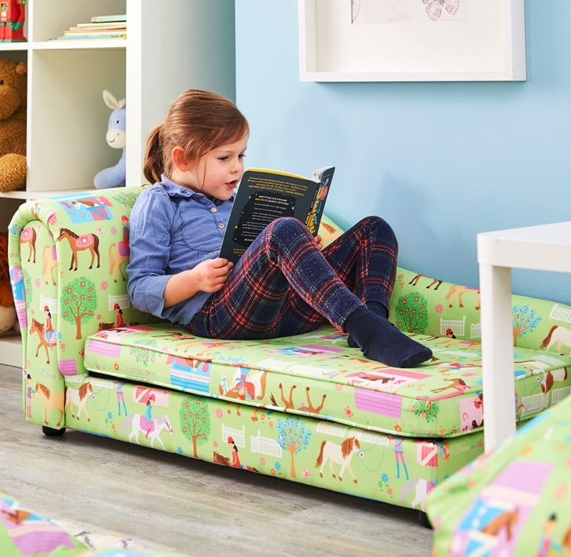 Kids Chaise Longue Mint Green Horse Print Whimsical Seat
