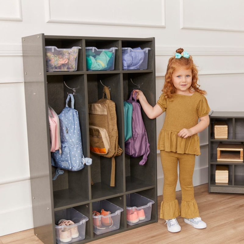 Kids Coat Locker in Charcoal Finish with Clear Bins, Modern Storage