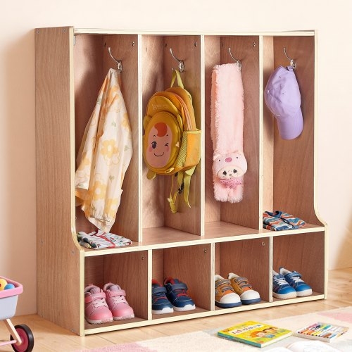 Kids Coat Locker: Silver Hooks, Rounded Edges, 4 Section Preschool Storage