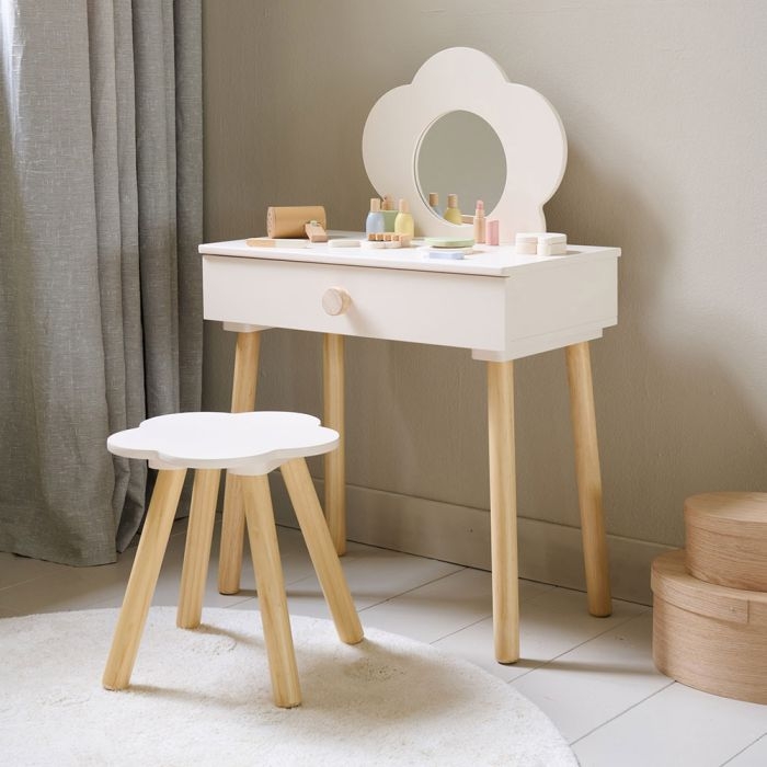 Kids Dressing Table Flower Shaped Mirror Off-White Wood Toned