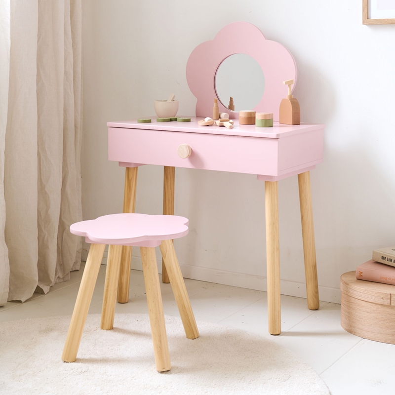 Kids Dressing Table Tapered Wooden Legs Flower Shaped Mirror