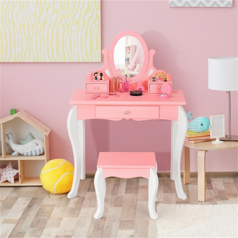Kids Dressing Table Three Storage Drawers Oval Mirror Cabriole