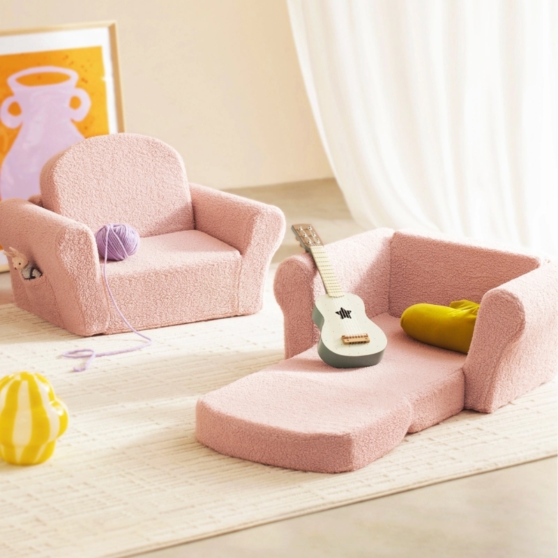 Kids Flip Sofa Dusty Pink Sherpa Texture with Fold Out Seat