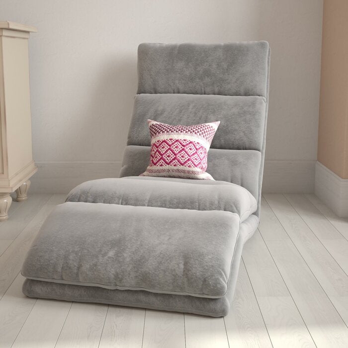 Kids Floor Chaise Grey Velvet Channel Tufted Lounger