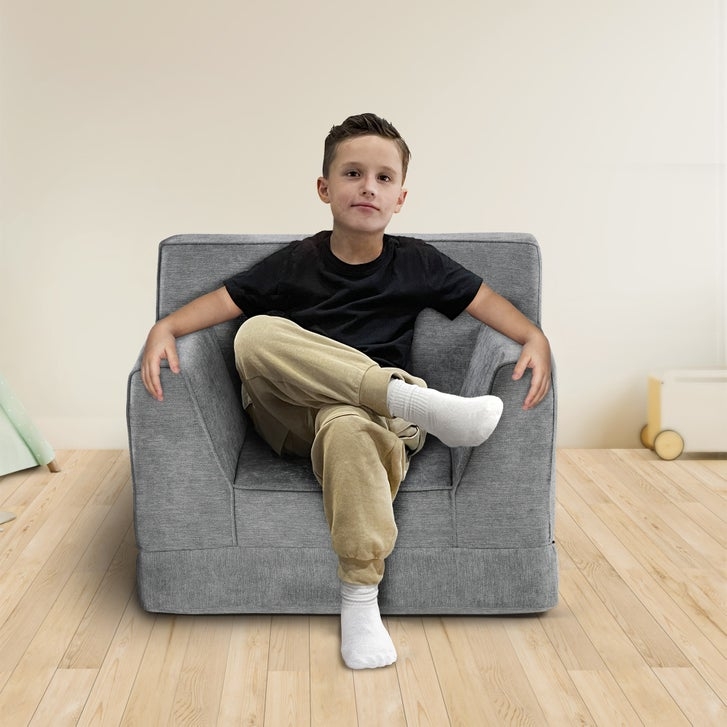 Kids Lounger Heathered Grey Upholstered Fabric with Wide Armrests