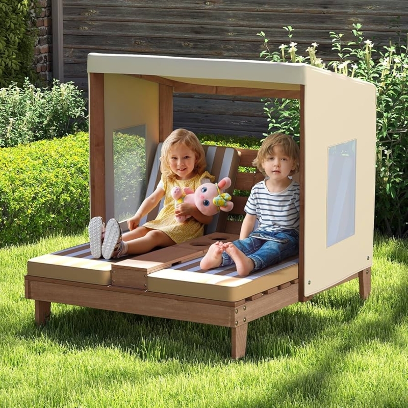 Kids Outdoor Cabana Lounge Double Wood Brown Stripe Windows
