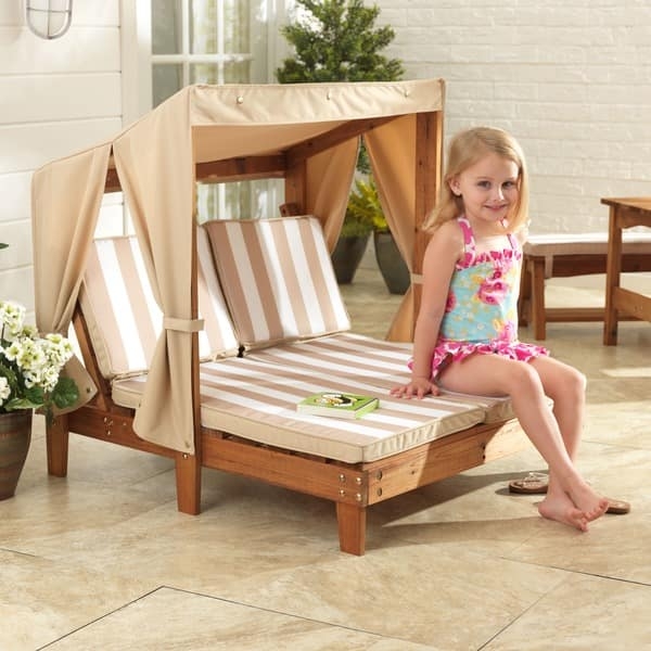 Kids Outdoor Canopy Lounger Double Seat Oatmeal Stripe