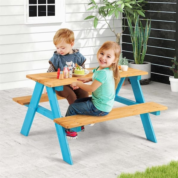 Kids Picnic Table with Bright Blue Frame, Slatted Wood Top, A-Frame