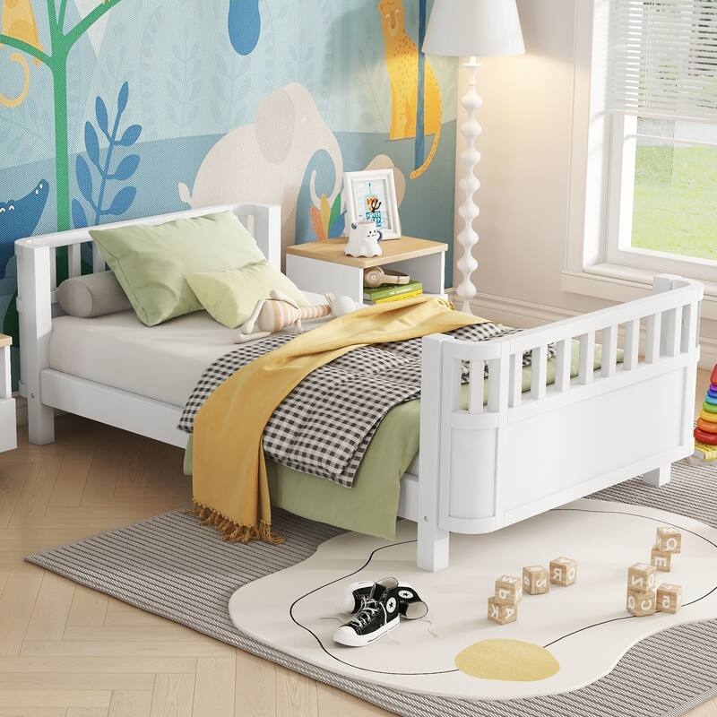 Kids Platform Bed, White Vertical Slats with Integrated Safety Rails