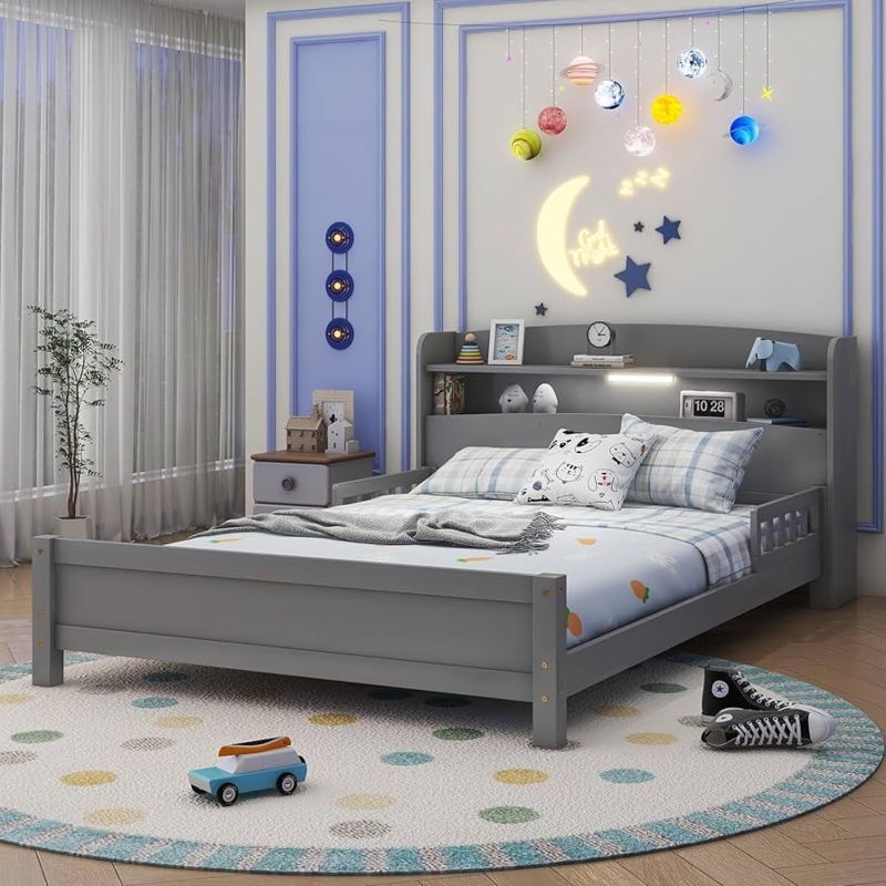 Kids Platform Bed with LED Storage Headboard, Grey Wood Frame