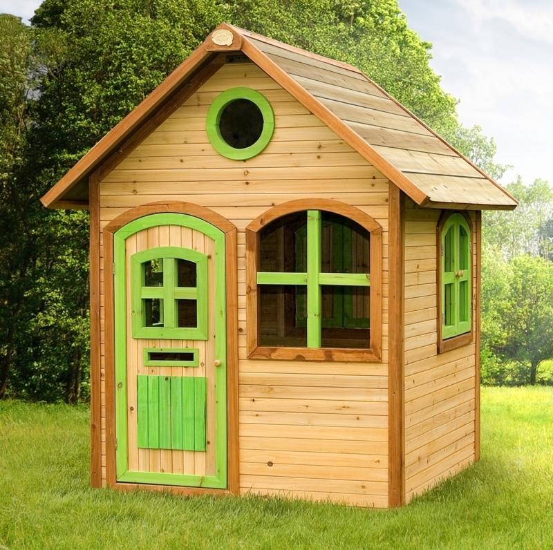 Kids Playhouse Cottage Style Rustic Wood Lime Green Trim Arched Door