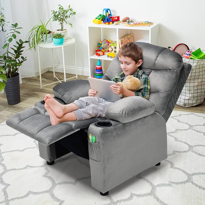 Kids Recliner Gray Velvet with Side Storage Pockets and Cup Holders