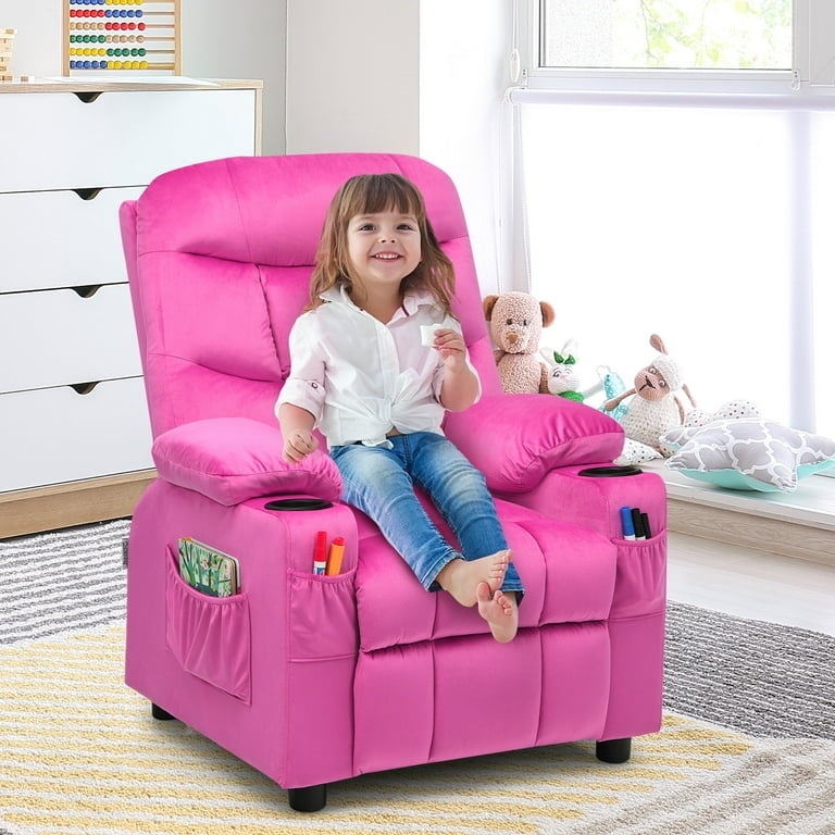 Kids Recliner Hot Pink Velvet-Like Fabric with Dual Cup Holders