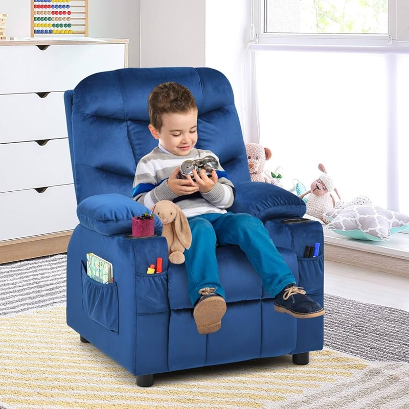 Kids Recliner Royal Blue Velvet Textured with Segmented Backrest