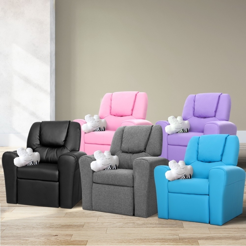Kids Recliner Sky Blue with Padded Headrest and Cloud Accent Pillow