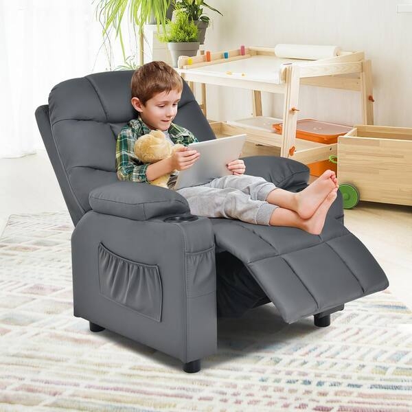 Kids Recliner Slate Gray Leather-Like Finish with Tufted Backrest