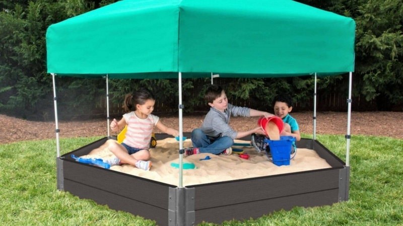 Kids Sandbox Hexagon Wooden Sandbox W Seat Boards | Eco-Friendly Cover &  Ground Liner | 59" X 51" X 9" | 3/4" Cedar Boards | Easy DIY Assembly |  Holds 300 Lbs