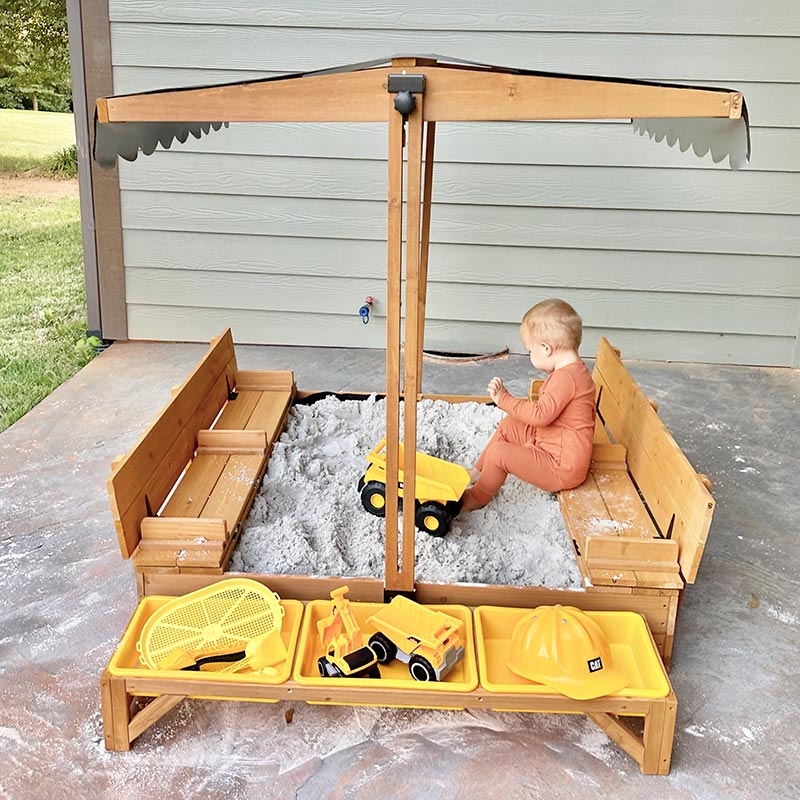 Kids Sandbox with Toy Storage Bins, Canopy, and Foldable Seats