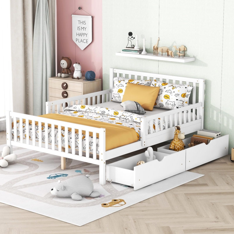 Kids Slatted Bed with Guardrails and Dual Underbed Storage Drawers