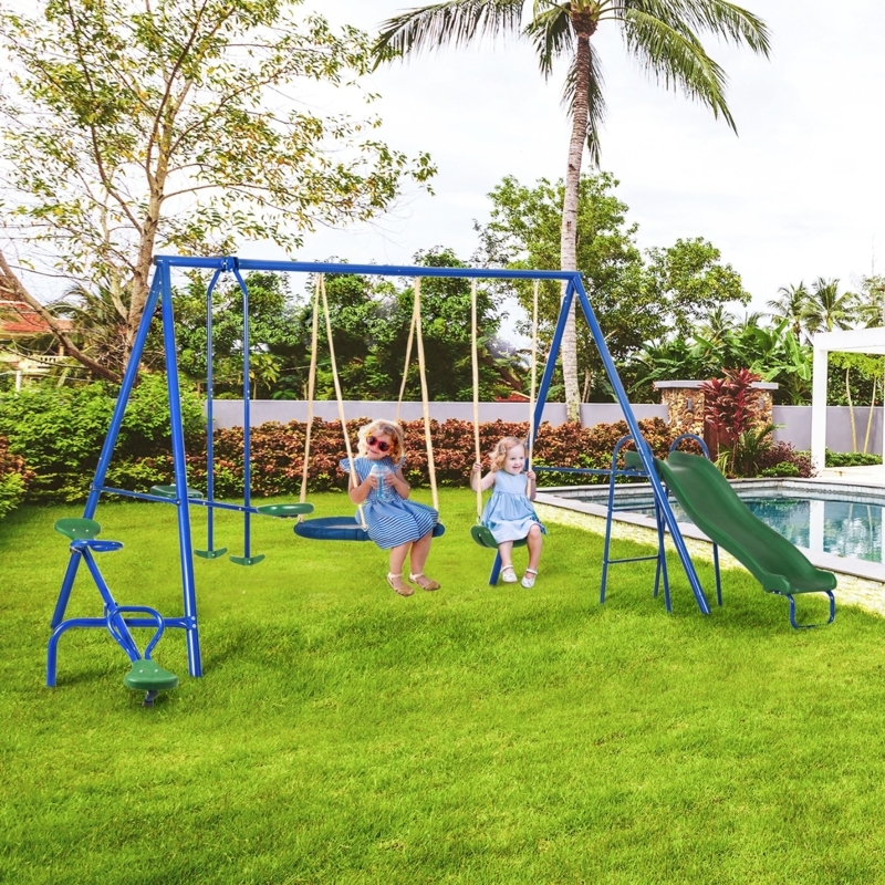 Kids Swing Set with 5-in-1 Components and Saucer Swing