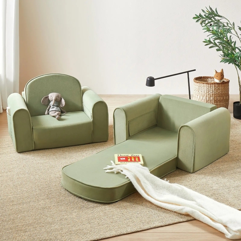 Kids Upholstered Chair Sage Green Convertible Lounger with Rounded Arms