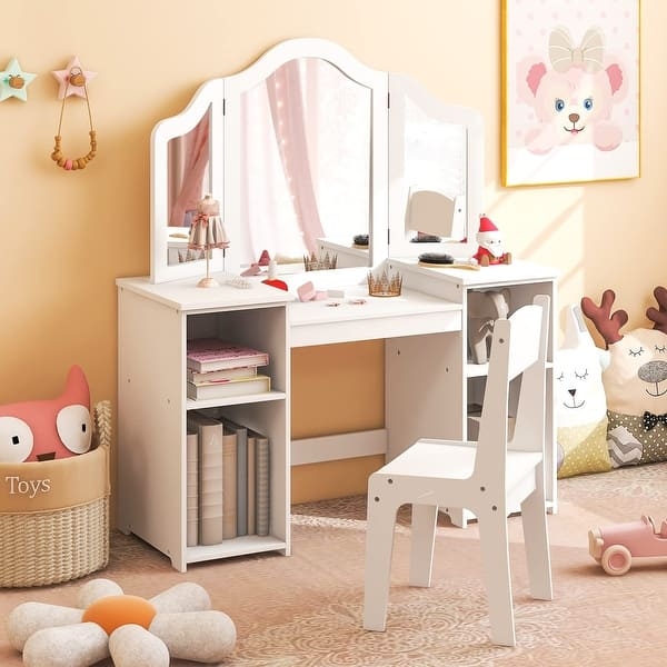 Kids Vanity Integrated Side Storage Tri-Fold Mirror Crisp White