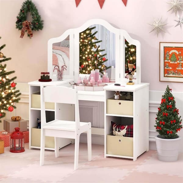 Kids Vanity Open Storage Cubbies Tri-Fold Mirror Arched Frame