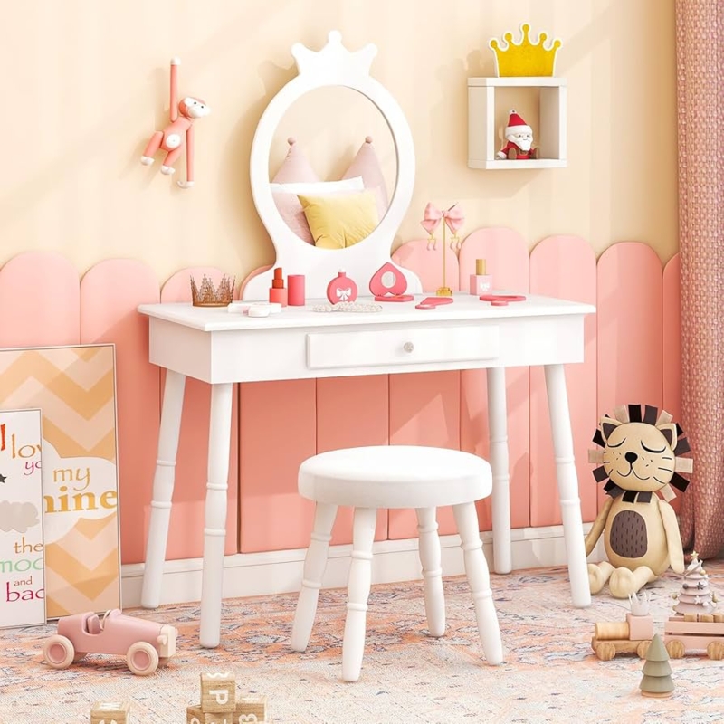 Kids Vanity Set Crown Mirror Topper Crisp White Turned Legs