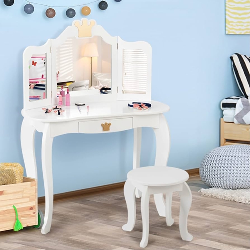 Kids Vanity Set Crown Motif Tri-Fold Mirror Cabriole Legs