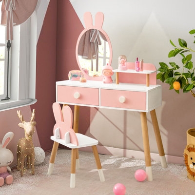Kids Vanity Set Dipped Wood Legs Bunny Ear Mirror Pastel Pink