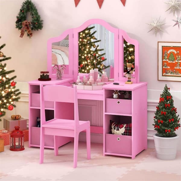 Kids Vanity Set Fabric Bins Tri-Fold Mirror Bubblegum Pink