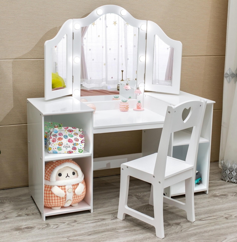 Kids Vanity Set Heart Cutout Chair Integrated Lighting White